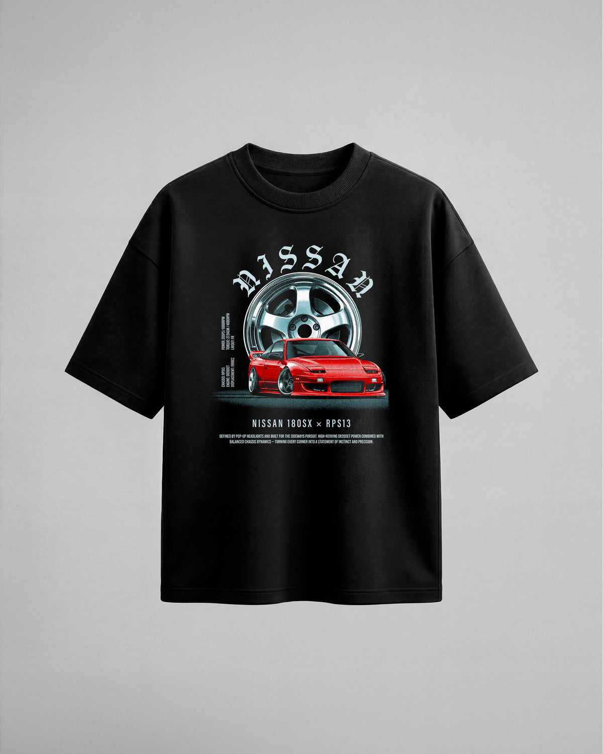 Camiseta oversize negra Nissan 180SX RPS13 - estampado a todo color