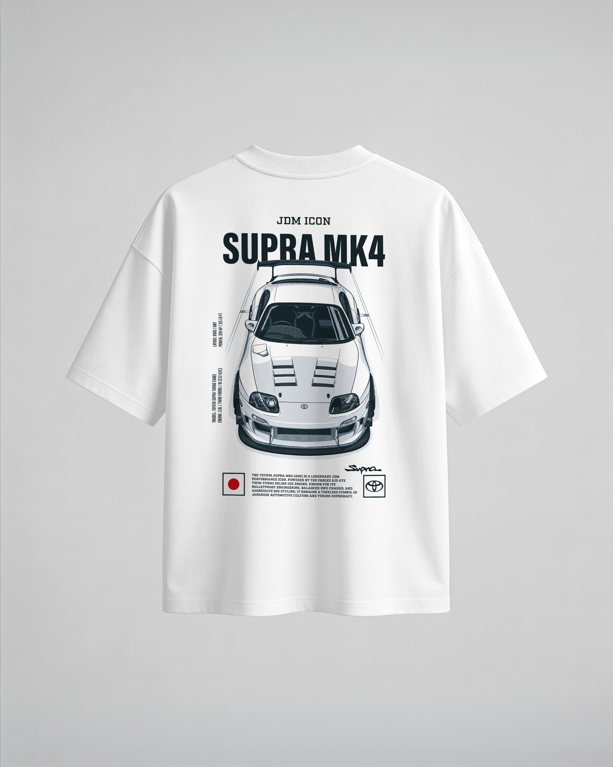 Camiseta oversize blanca Toyota Supra MK4 - vista trasera con el estampado JDM ICON