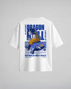 Camiseta oversize Capsule Technology de Dragon Ball, color blanco, estampado azul, vista trasera