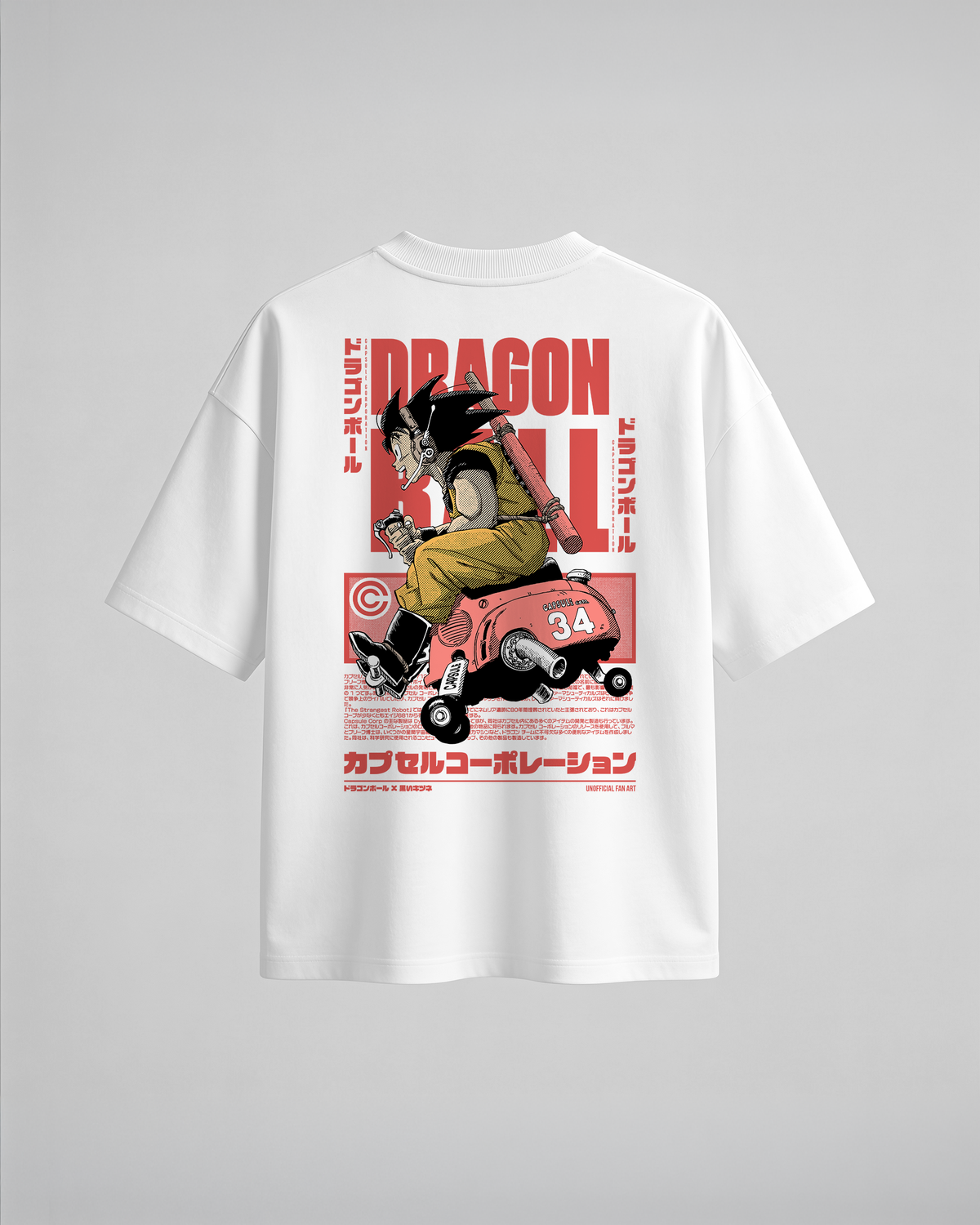Camiseta oversize Capsule Technology de Dragon Ball, color blanco, estampado rojo, vista trasera
