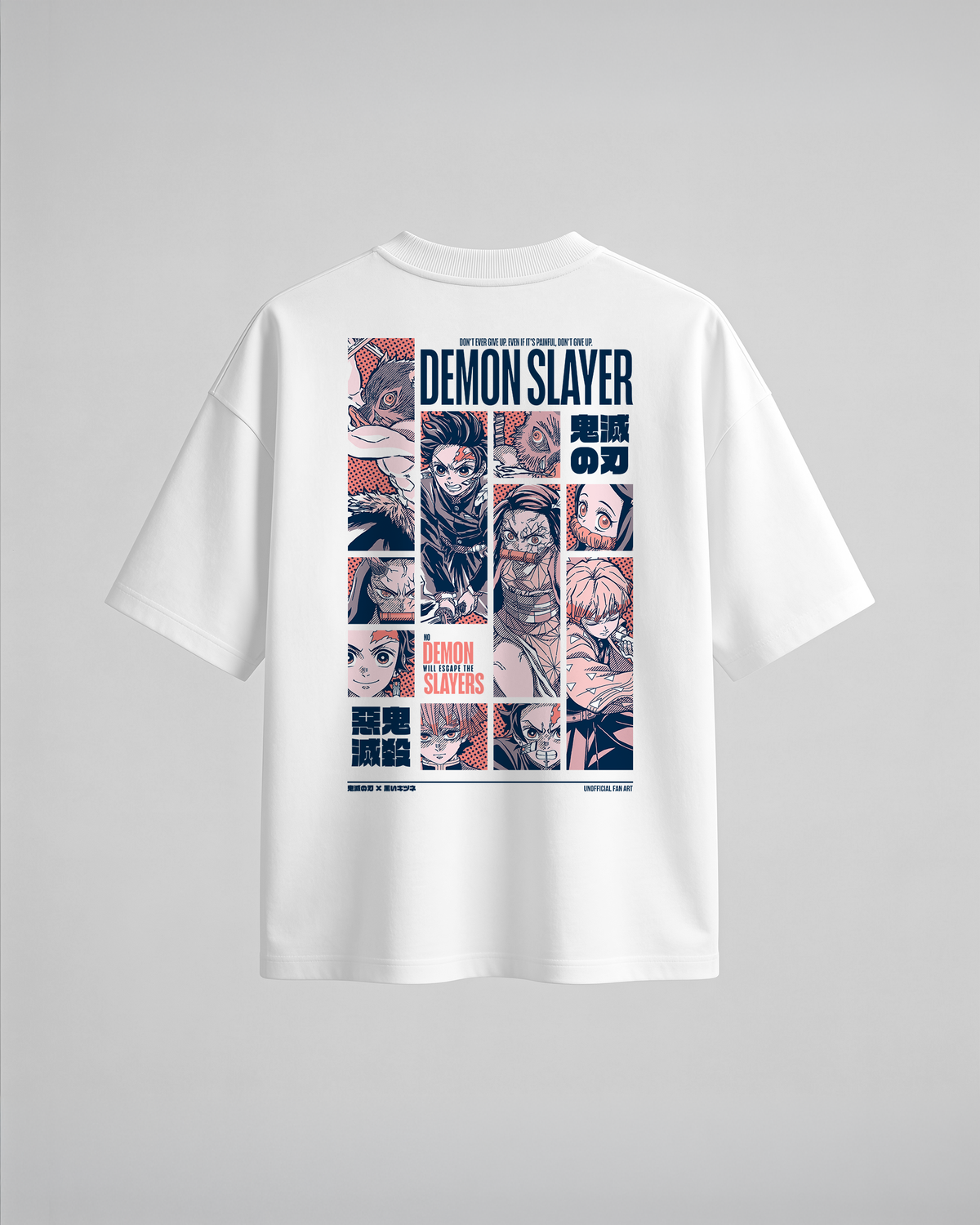 Camiseta oversize Demon Slayers de Demon Slayer, color blanco, estampado azul, vista trasera