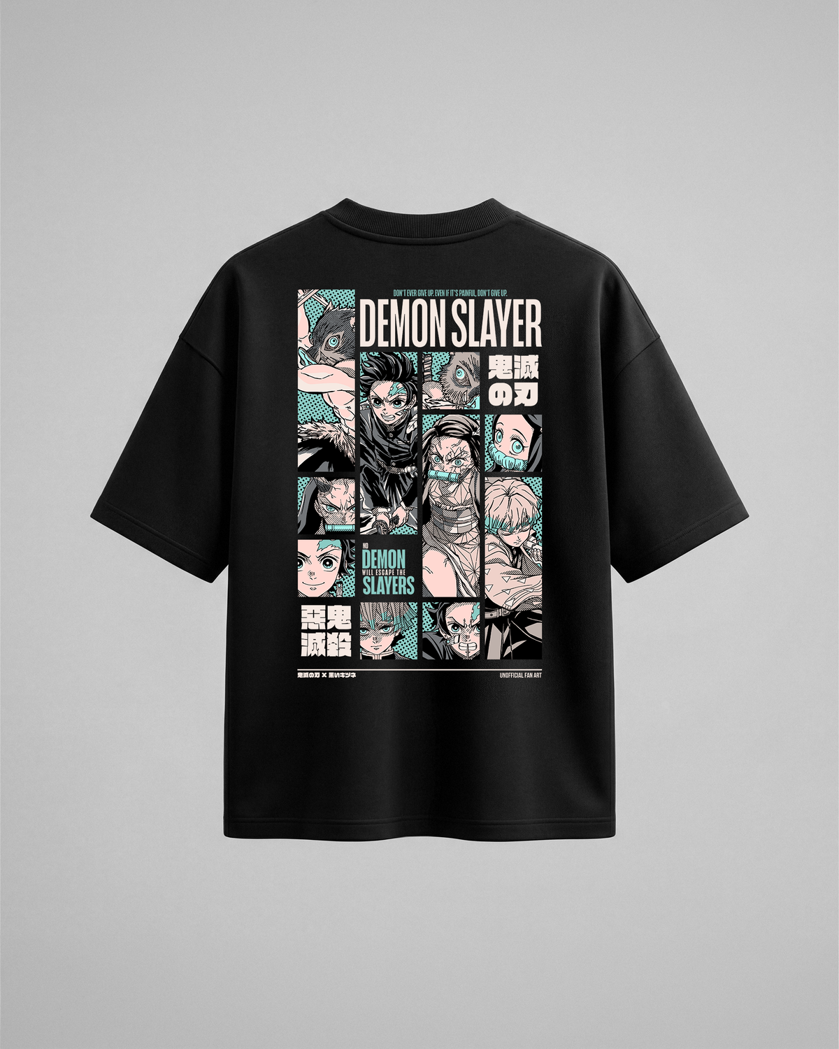 Camiseta oversize Demon Slayers de Demon Slayer, color negro, estampado turquesa, vista trasera