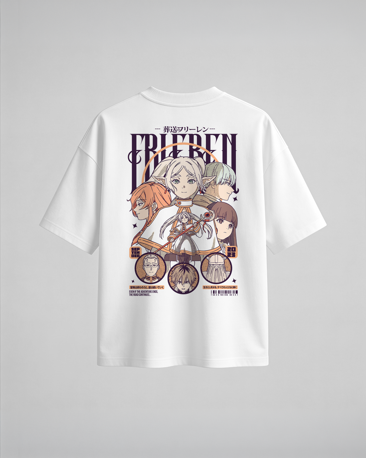 Camiseta oversize Frieren, color blanco, estampado coral, vista trasera