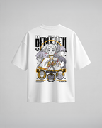 Camiseta oversize Frieren, color blanco, estampado naranja, vista trasera