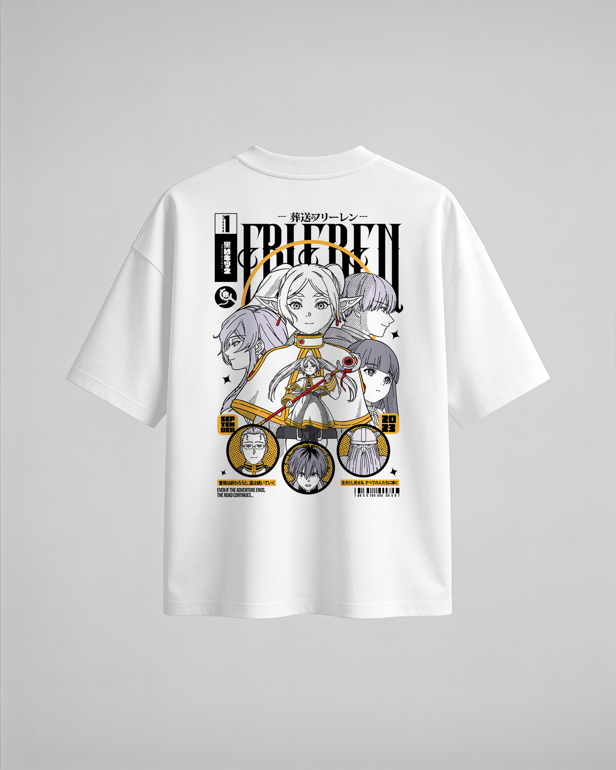 Camiseta oversize Frieren, color blanco, estampado naranja, vista trasera