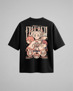 Camiseta oversize Frieren, color negro, estampado coral, vista trasera