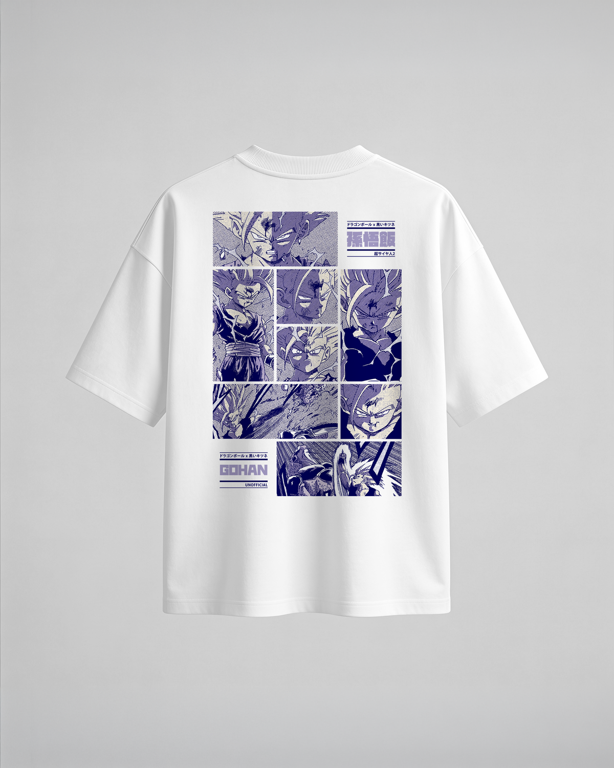 Camiseta oversize Gohan SSJ2 de Dragon Ball Z, color blanco, estampado azul, vista trasera