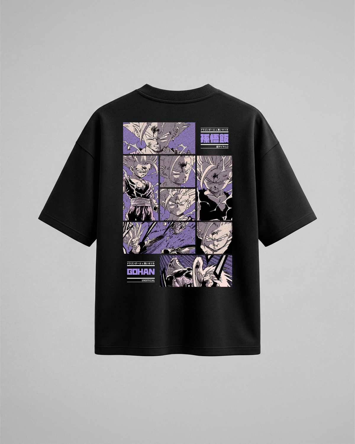 Camiseta oversize Gohan SSJ2 de Dragon Ball Z, color negro, estampado púrpura, vista trasera