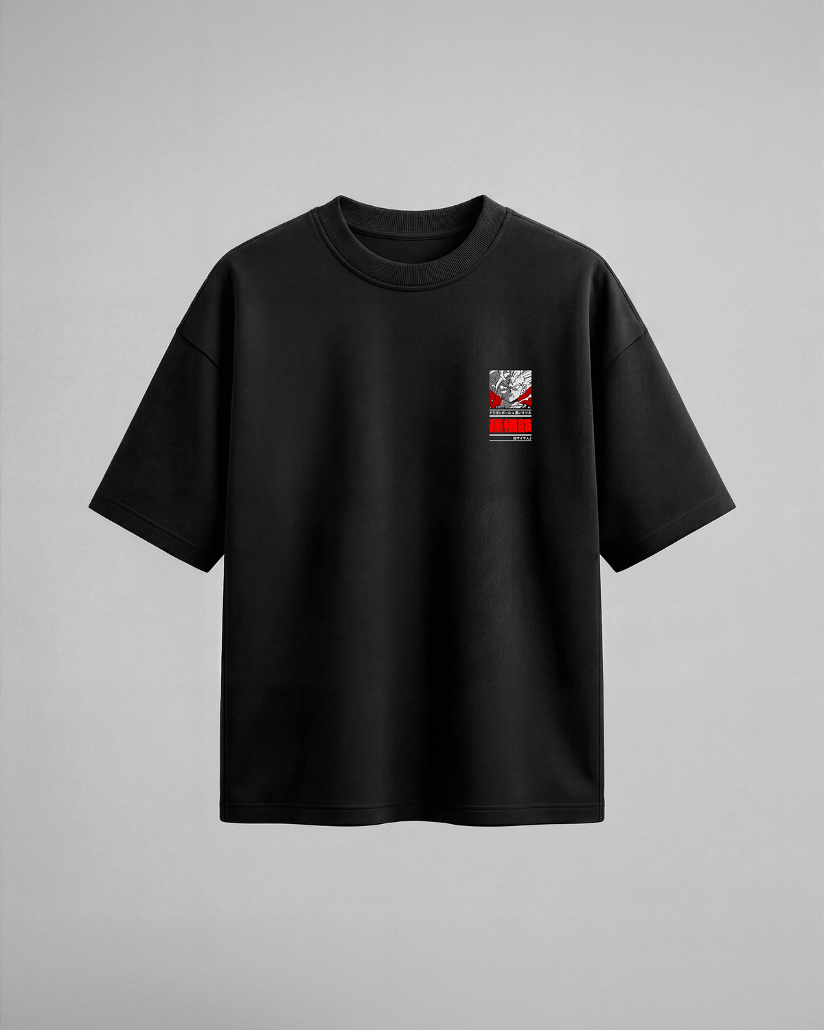 Camiseta oversize Gohan SSJ2 de Dragon Ball Z, color negro, estampado rojo, vista frontal