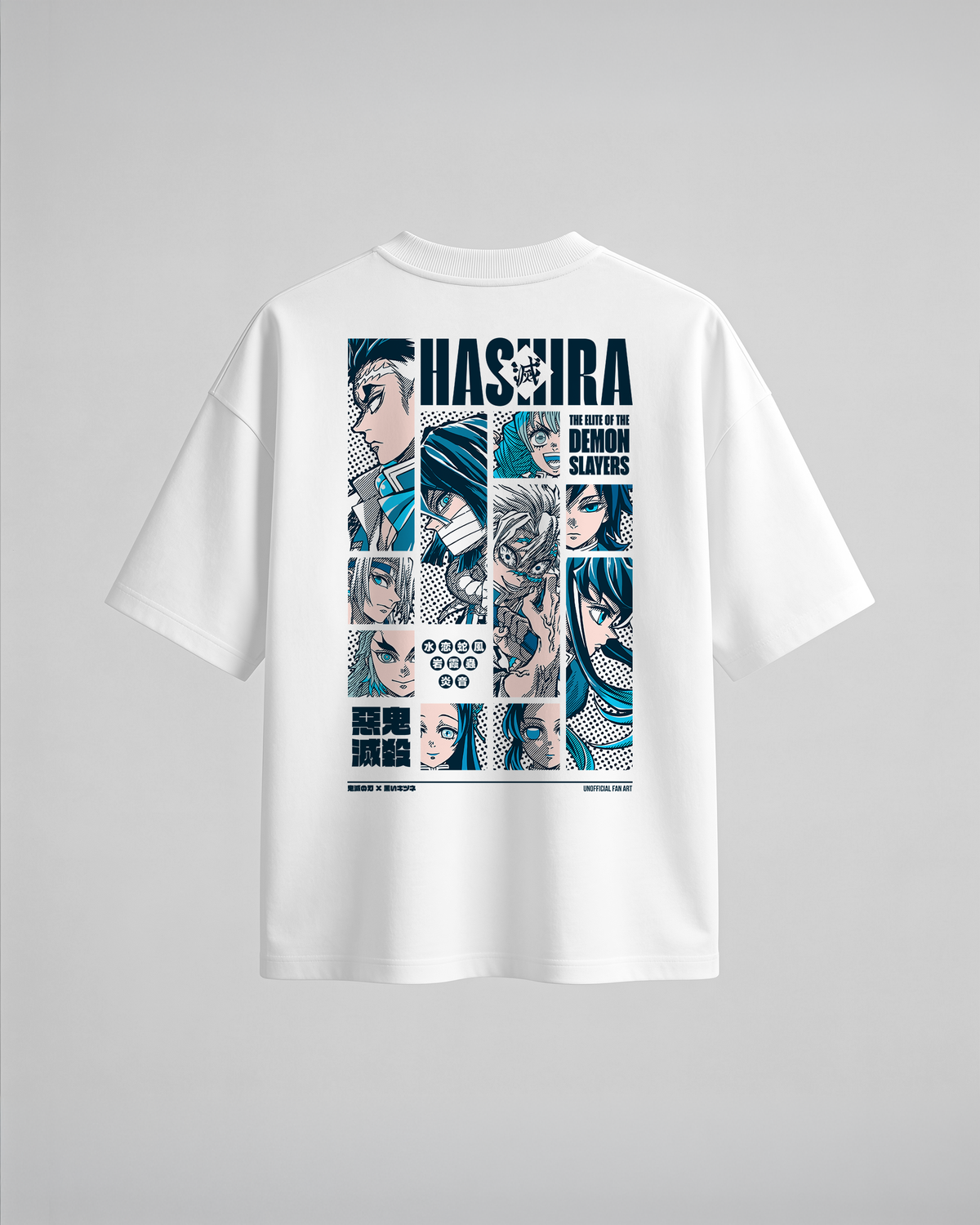 Camiseta oversize Hashira The Elite de Demon Slayer, color blanco, estampado azul, vista trasera