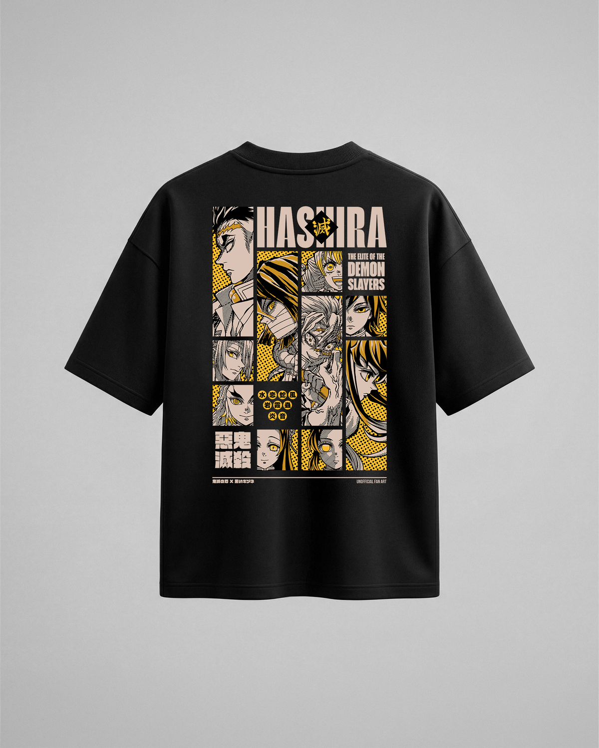 Camiseta oversize Hashira The Elite de Demon Slayer, color negro, estampado naranja, vista trasera