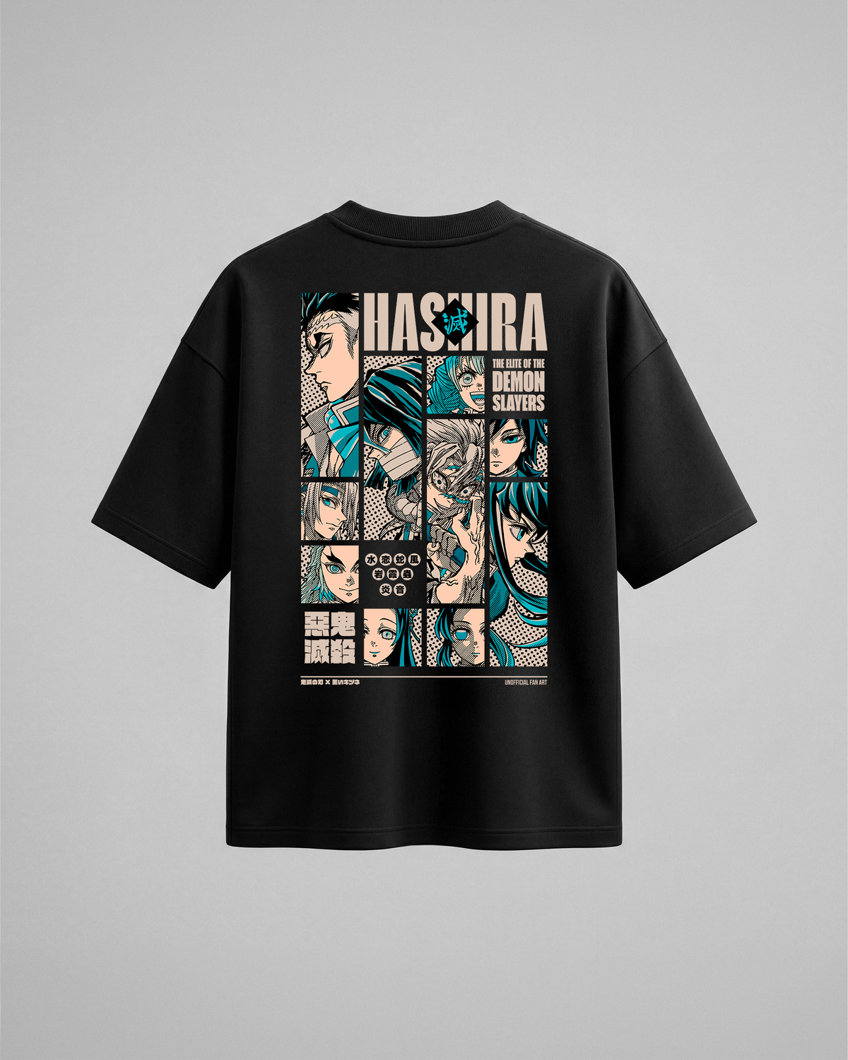 Camiseta oversize Hashira The Elite de Demon Slayer, color negro, estampado turquesa, vista trasera