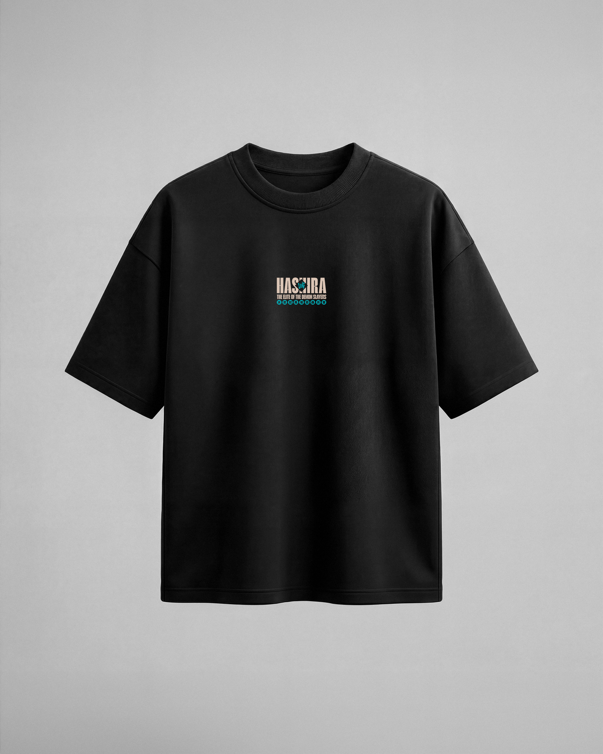 Camiseta oversize Hashira The Elite de Demon Slayer, color negro, estampado turquesa, vista frontal
