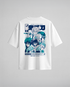Camiseta oversize Hashiras de Demon Slayer, color blanco, estampado azul, vista trasera