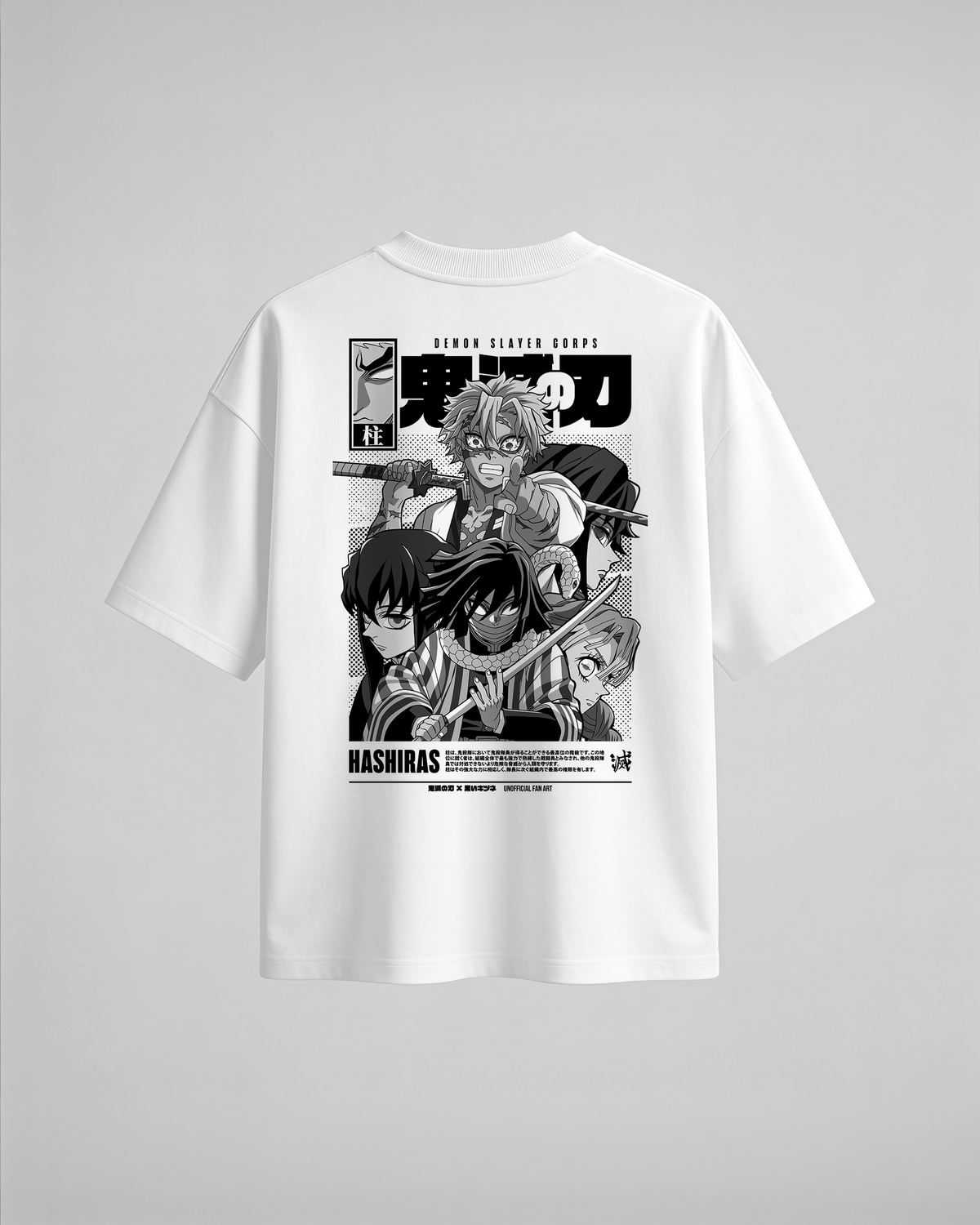 Camiseta oversize Hashiras de Demon Slayer, color blanco, vista trasera