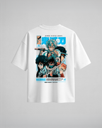 Camiseta oversize Hashiras de Demon Slayer, color blanco, estampado turquesa, vista trasera