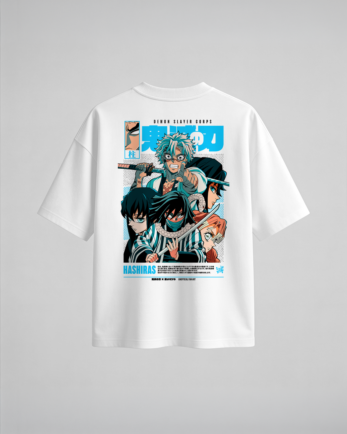 Camiseta oversize Hashiras de Demon Slayer, color blanco, estampado turquesa, vista trasera