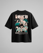 Camiseta oversize Hashiras de Demon Slayer, color negro, estampado turquesa, vista trasera