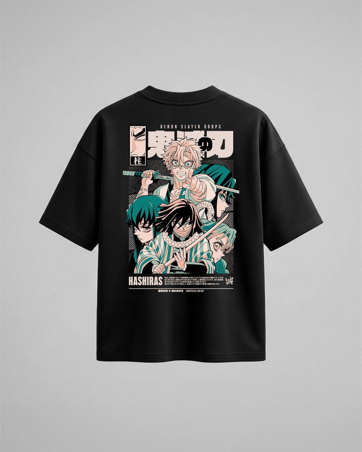 Camiseta oversize Hashiras de Demon Slayer, color negro, estampado turquesa, vista trasera