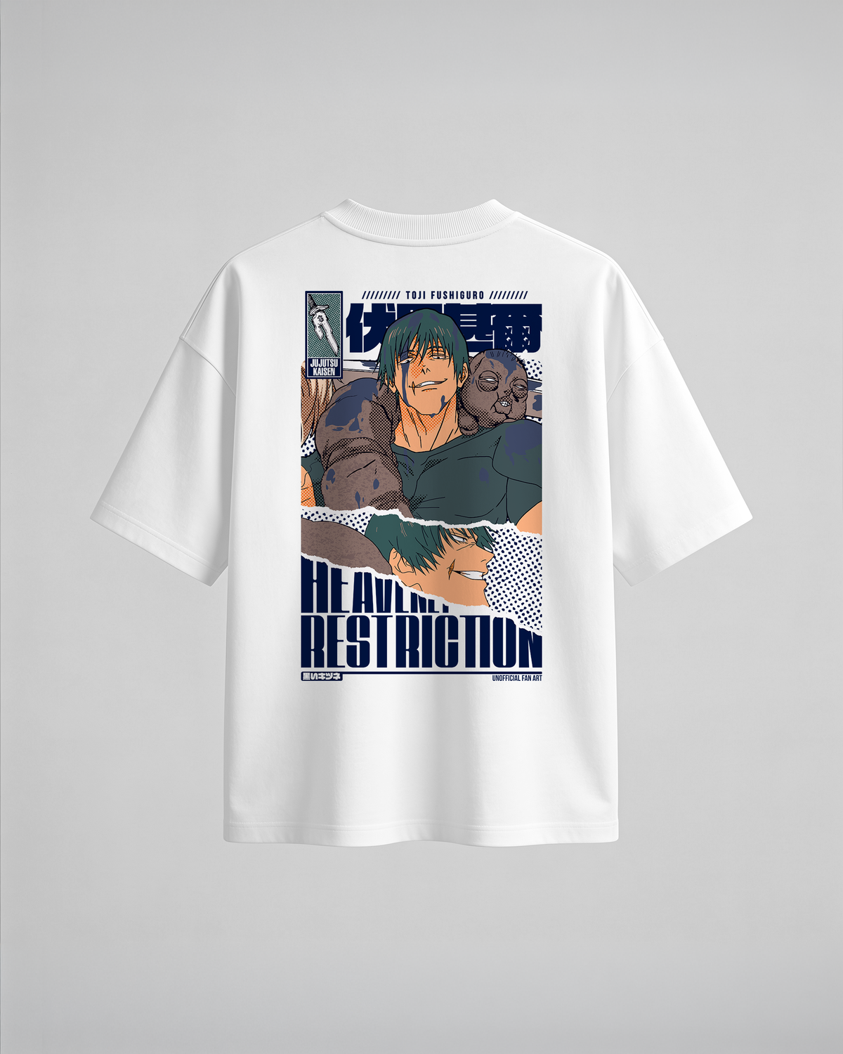 Camiseta oversize Heavenly Restriction de Jujutsu Kaisen, color blanco, estampado azul, vista trasera