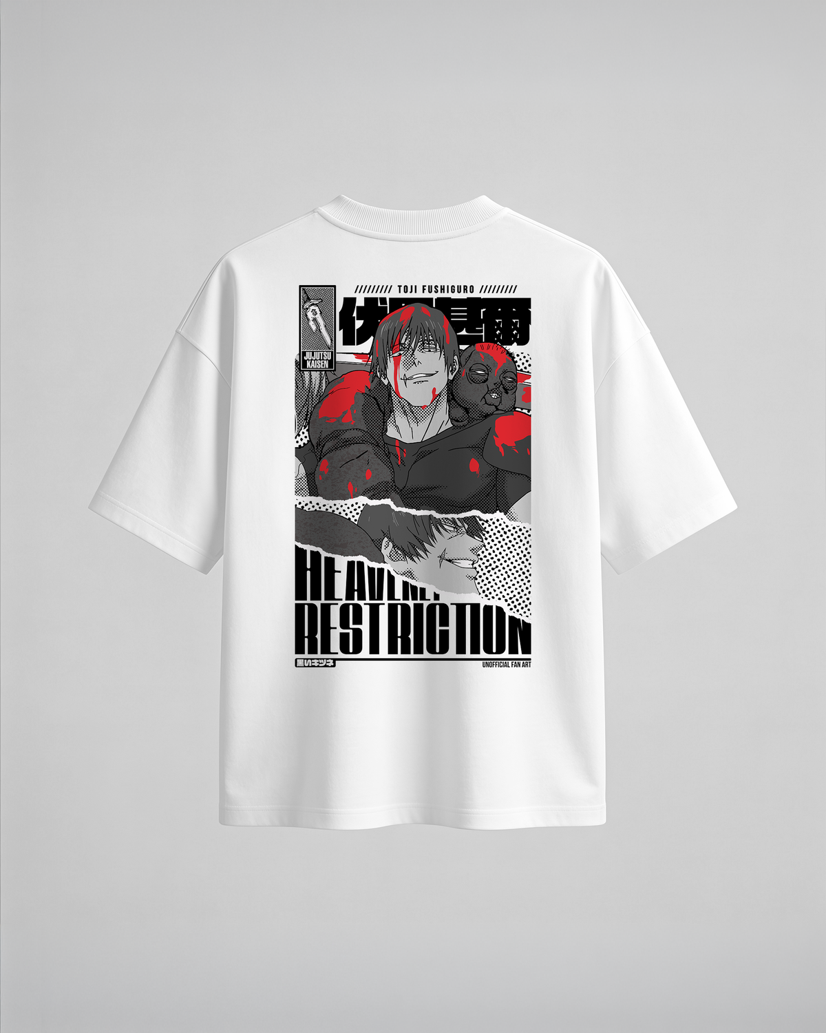 Camiseta oversize Heavenly Restriction de Jujutsu Kaisen, color blanco, estampado rojo, vista trasera