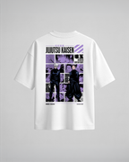 Camiseta oversize Hidden Inventory de Jujutsu Kaisen, color blanco, estampado púrpura, vista trasera