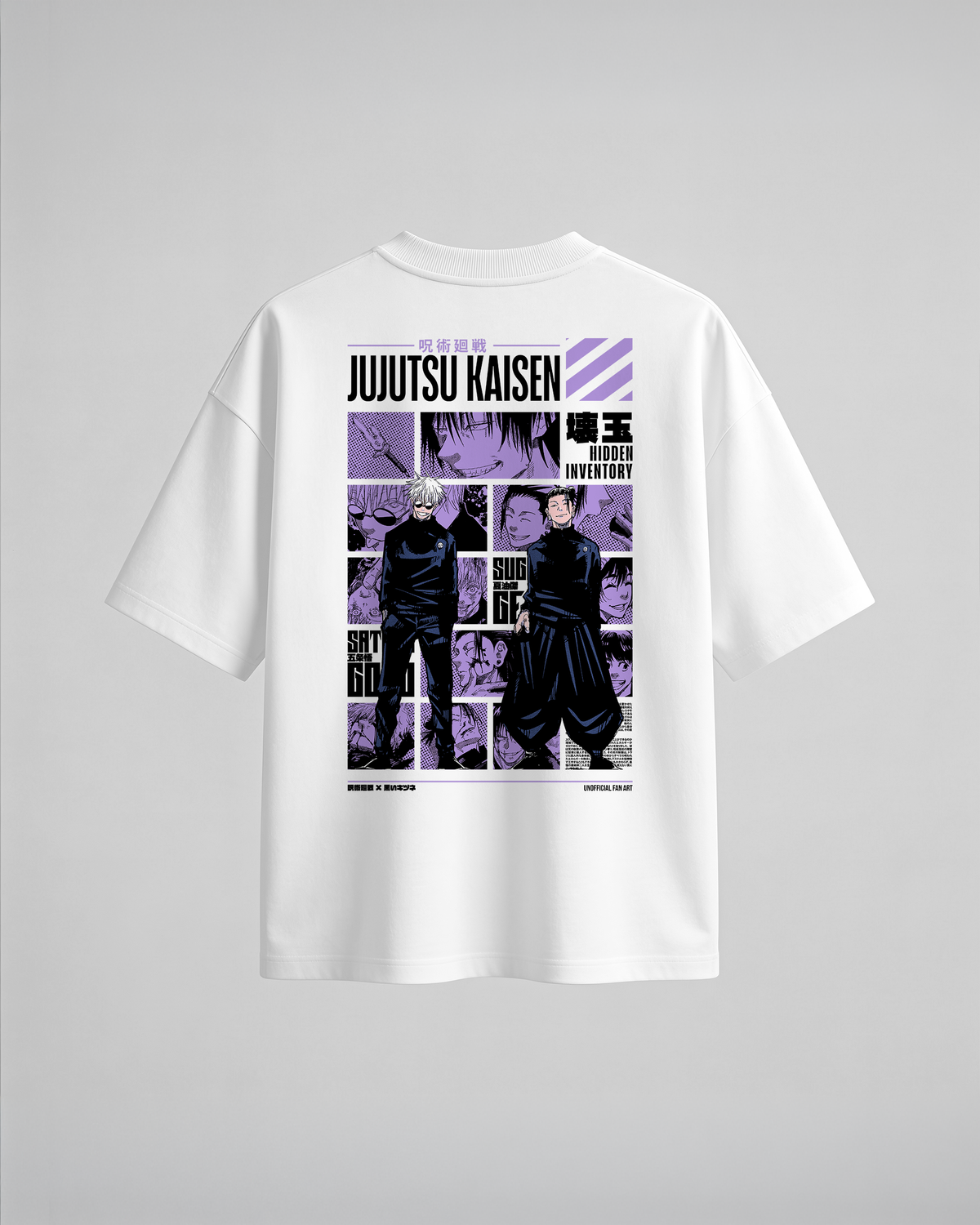 Camiseta oversize Hidden Inventory de Jujutsu Kaisen, color blanco, estampado púrpura, vista trasera