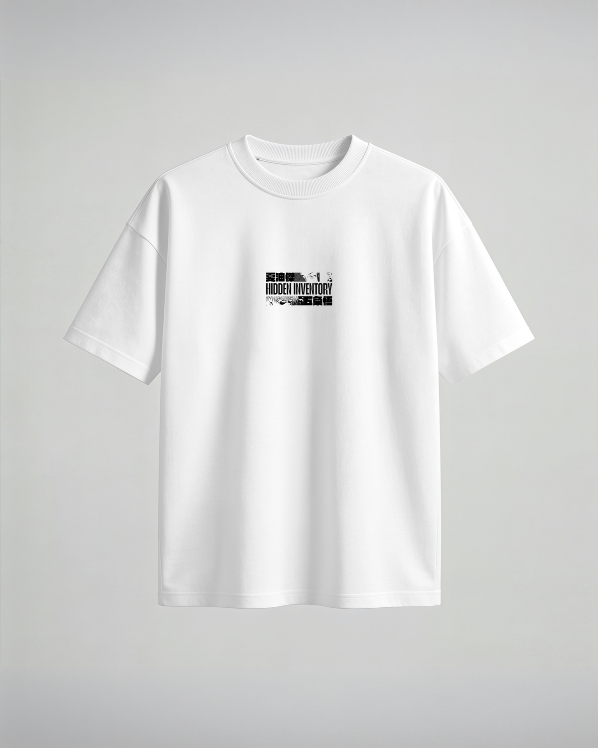 Camiseta oversize Hidden Inventory de Jujutsu Kaisen, color blanco, estampado púrpura, vista frontal