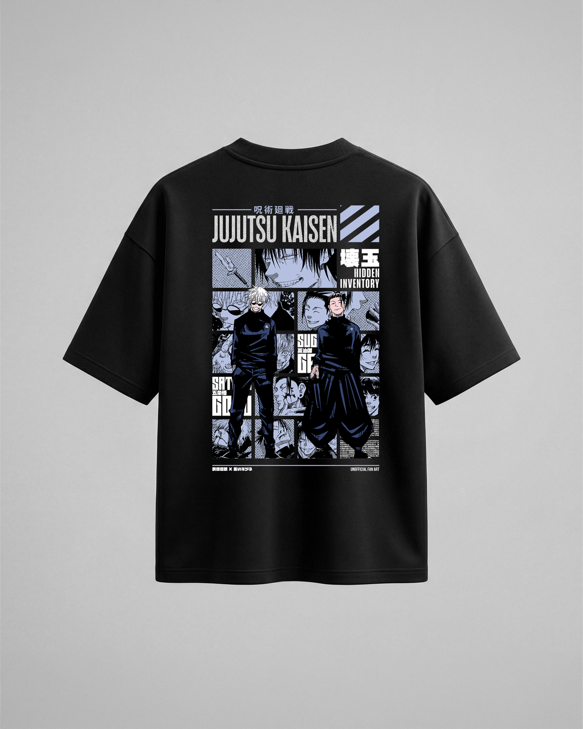 Camiseta oversize Hidden Inventory de Jujutsu Kaisen, color negro, estampado azul, vista trasera