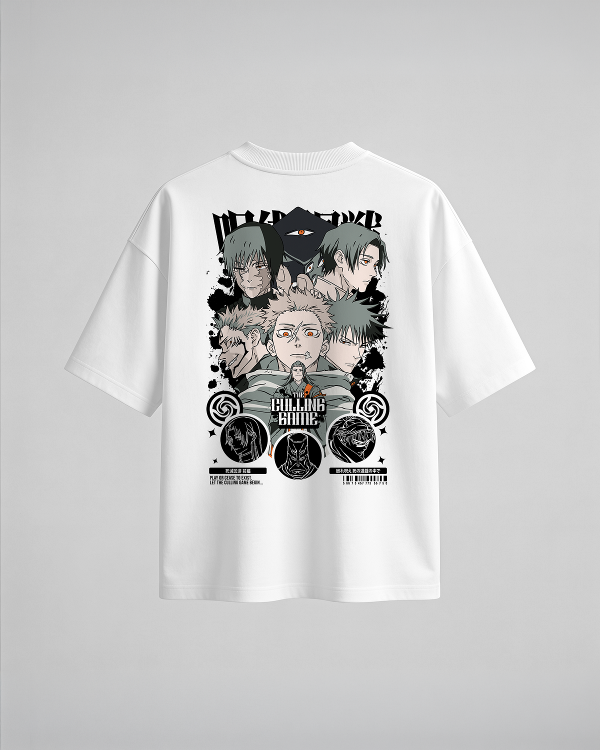 Camiseta oversize JK The Culling Game de Jujutsu Kaisen, color blanco, vista trasera