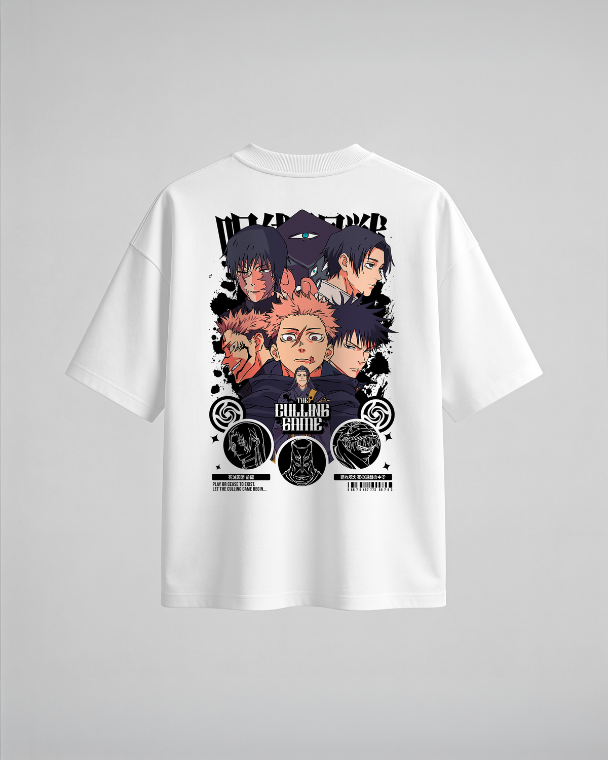 Camiseta oversize JK The Culling Game de Jujutsu Kaisen, color blanco, estampado púrpura, vista trasera