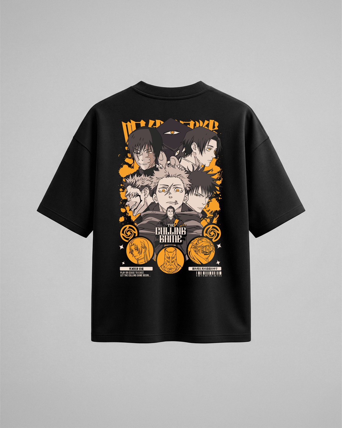 Camiseta oversize JK The Culling Game de Jujutsu Kaisen, color negro, estampado naranja, vista trasera