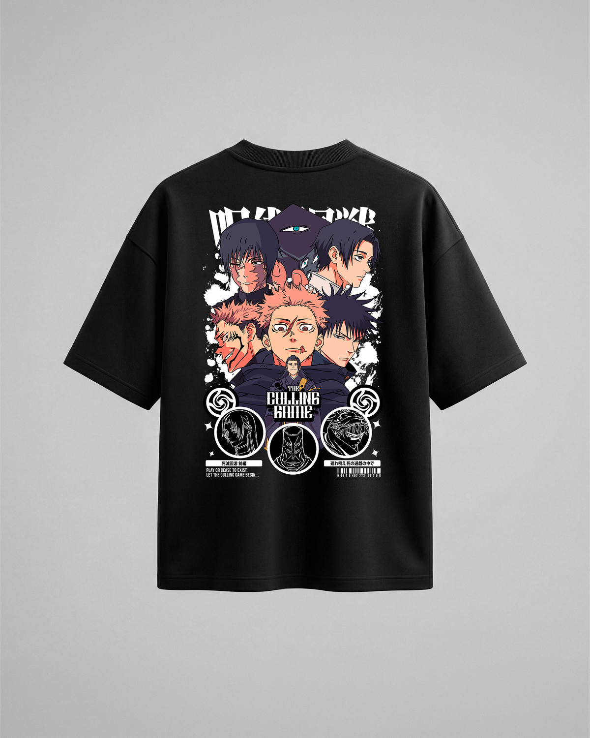 Camiseta oversize JK The Culling Game de Jujutsu Kaisen, color negro, estampado púrpura, vista trasera