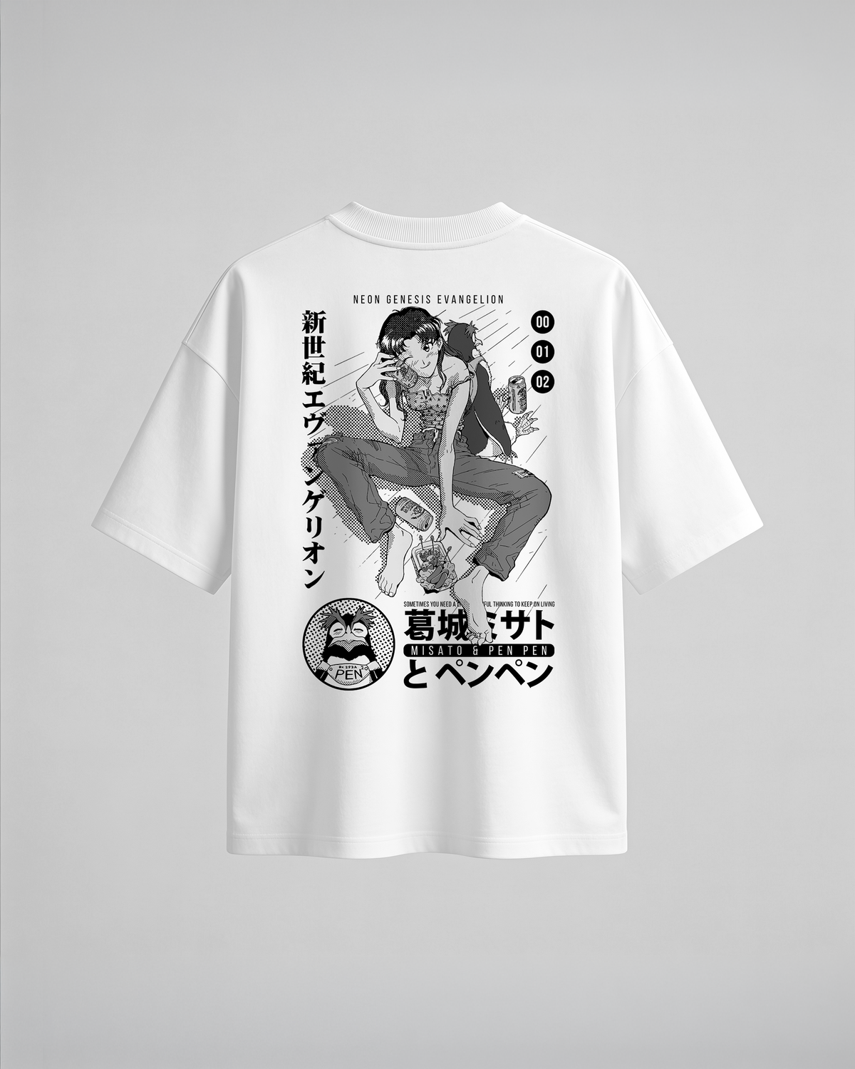 Camiseta oversize Misato y Pen Pen de Evangelion, color blanco, vista trasera