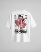 Camiseta oversize Misato y Pen Pen de Evangelion, color blanco, estampado rojo, vista trasera