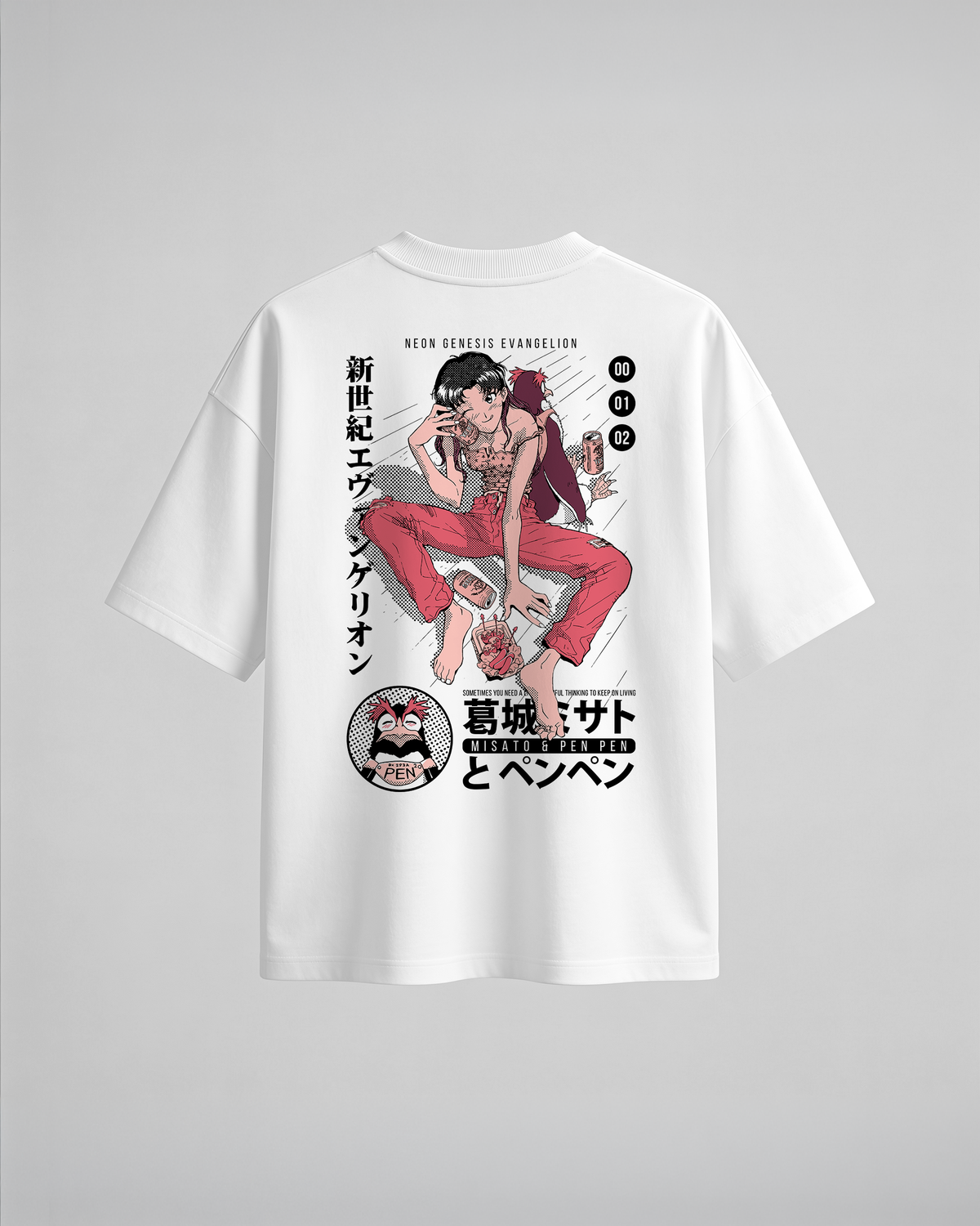 Camiseta oversize Misato y Pen Pen de Evangelion, color blanco, estampado rojo, vista trasera