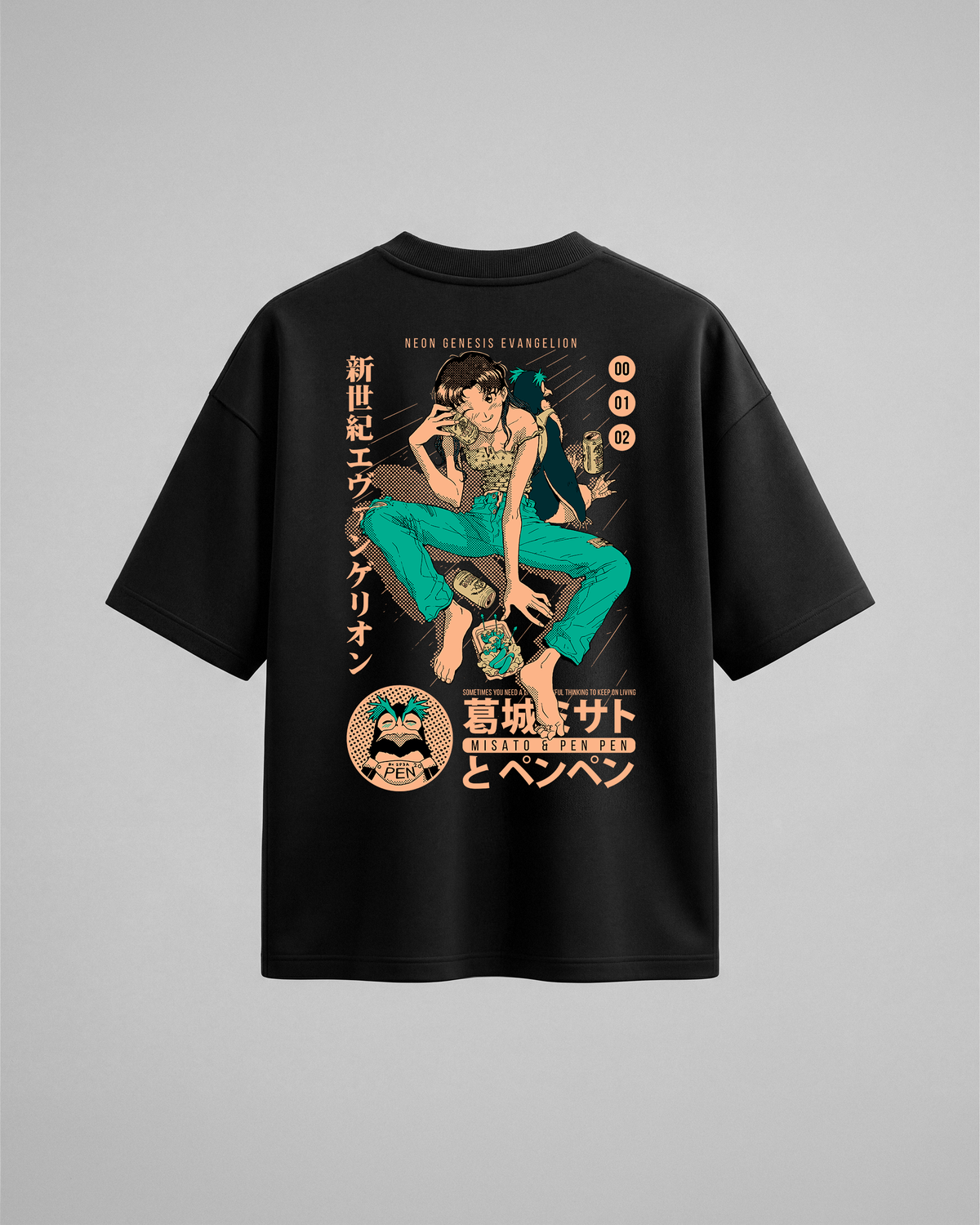 Camiseta oversize Misato y Pen Pen de Evangelion, color negro, estampado naranja, vista trasera