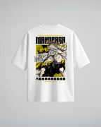 Camiseta oversize Moharaga de Jujutsu Kaisen, color blanco, estampado amarillo, vista trasera