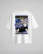 Camiseta oversize Moharaga de Jujutsu Kaisen, color blanco, estampado azul, vista trasera