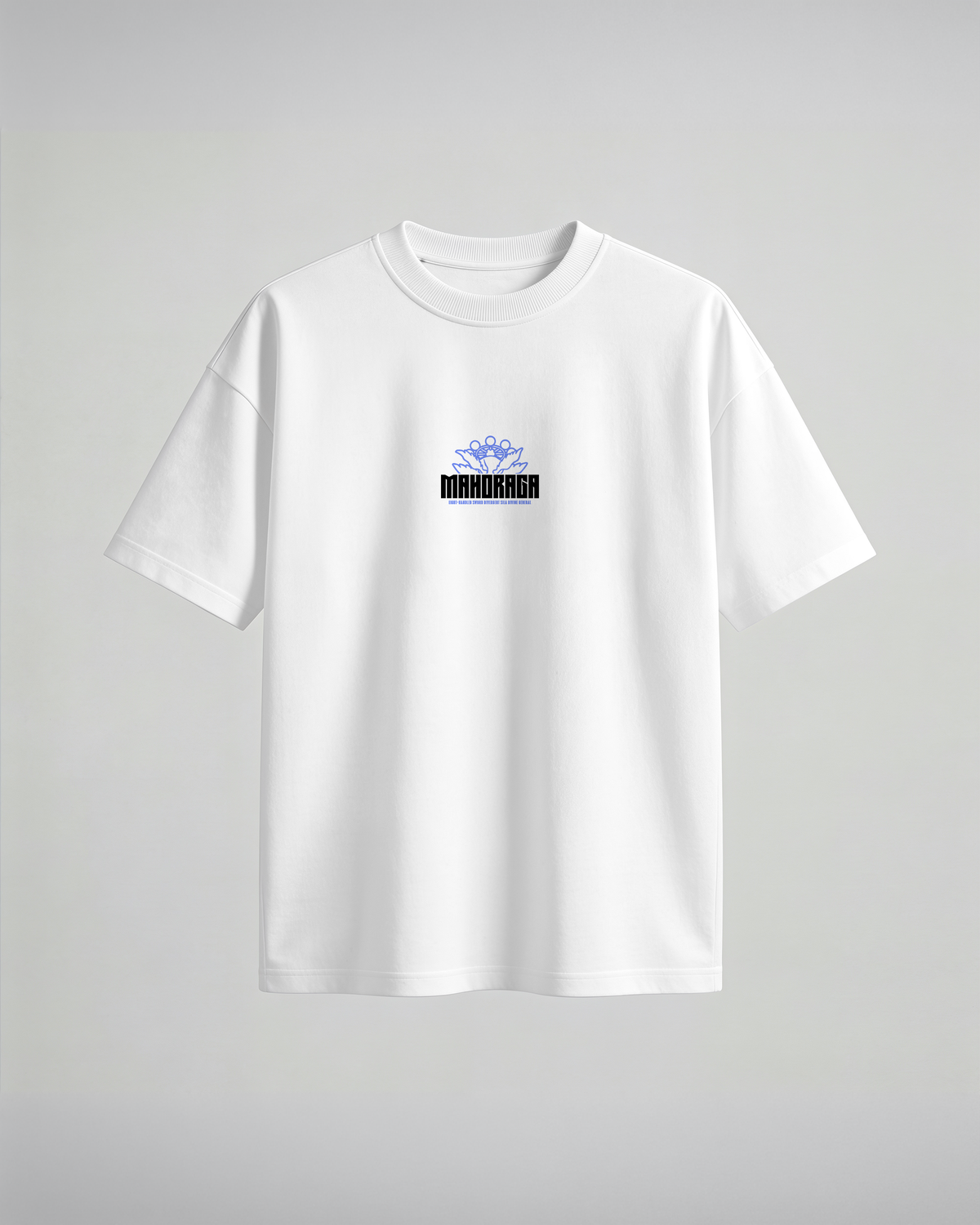Camiseta oversize Moharaga de Jujutsu Kaisen, color blanco, estampado azul, vista frontal
