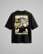 Camiseta oversize Moharaga de Jujutsu Kaisen, color negro, estampado amarillo, vista trasera