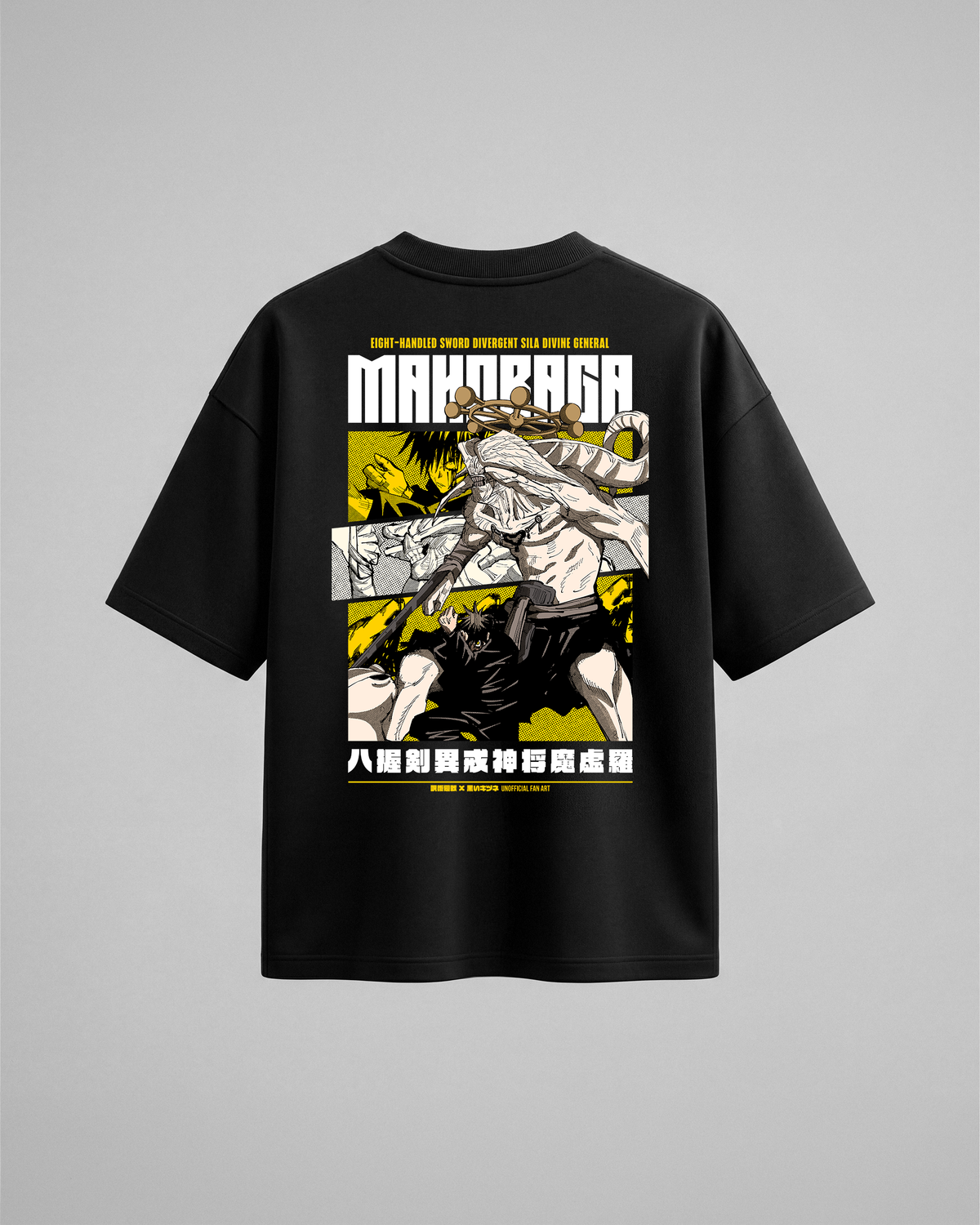 Camiseta oversize Moharaga de Jujutsu Kaisen, color negro, estampado amarillo, vista trasera