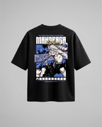 Camiseta oversize Moharaga de Jujutsu Kaisen, color negro, estampado azul, vista trasera