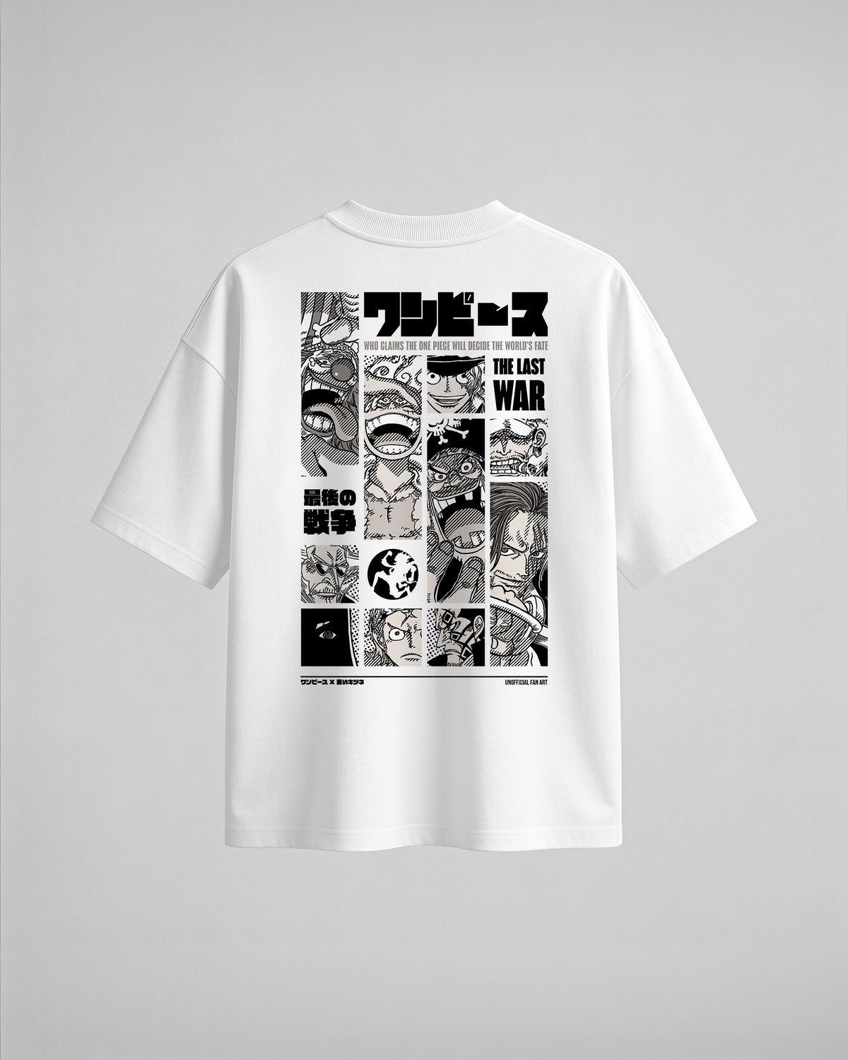 Camiseta oversize One Piece The Last War, color blanco, segunda versión, vista trasera