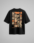 Camiseta oversize One Piece The Last War, color negro, estampado naranja, vista trasera