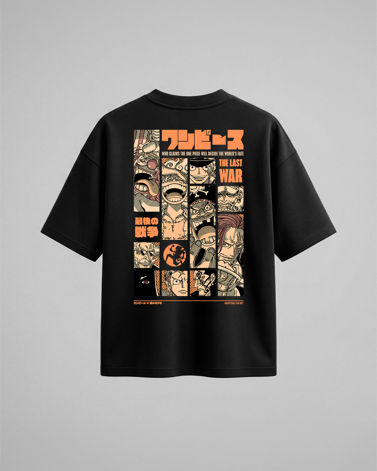 Camiseta oversize One Piece The Last War, color negro, estampado naranja, vista trasera