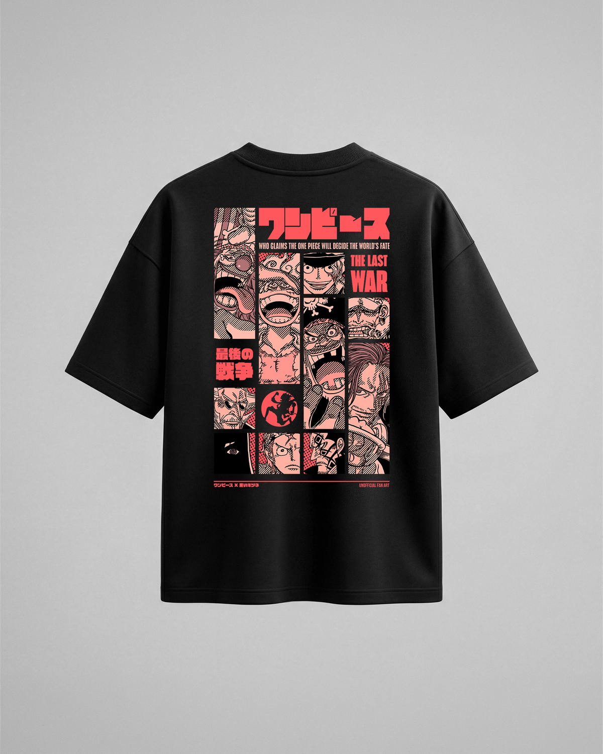 Camiseta oversize One Piece The Last War, color negro, estampado rojo, vista trasera