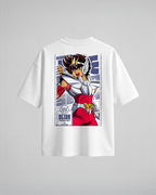 Camiseta oversize Seiya de Saint Seiya, color blanco, estampado rosa, vista trasera