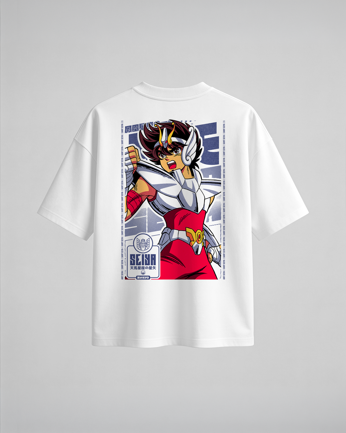 Camiseta oversize Seiya de Saint Seiya, color blanco, estampado rosa, vista trasera