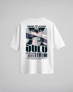 Camiseta oversize Solo Leveling No Questions, color blanco, segunda versión, vista trasera